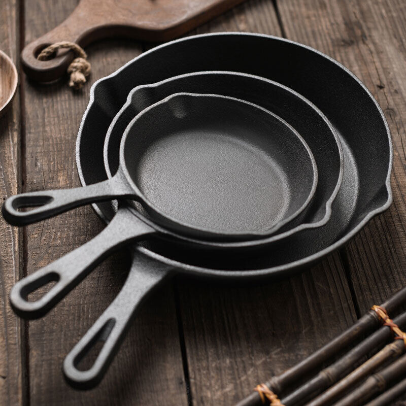 Set Of 3 Cast Iron Non Stick Skillet Griddle Cooking Pan Pre-Seasoned Frying Pan
