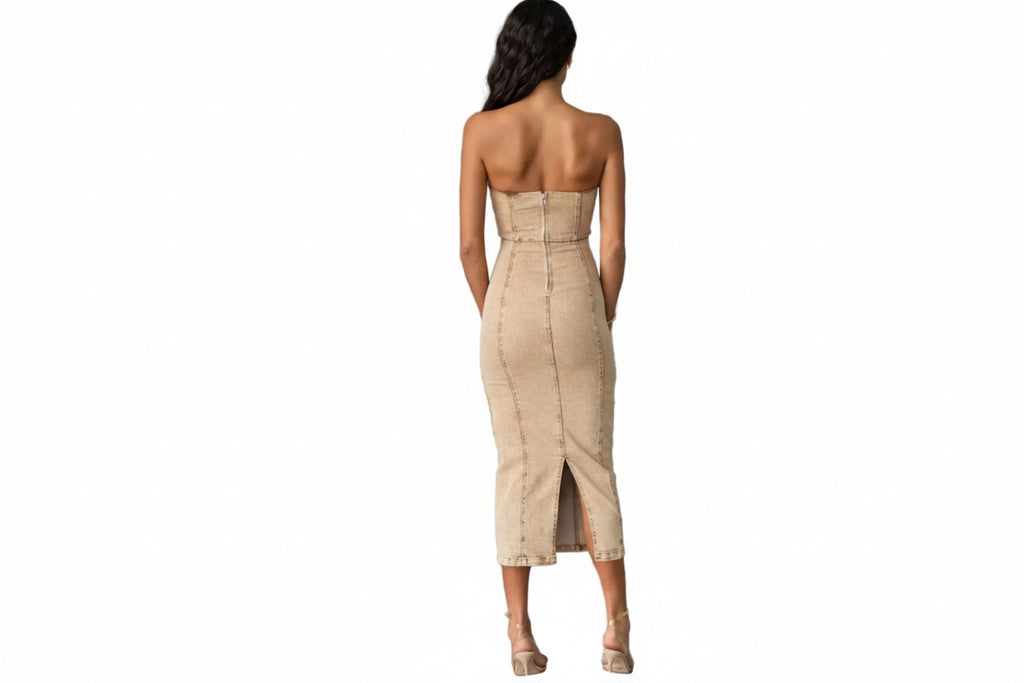 Washed Slit Back Tube Denim Dress
