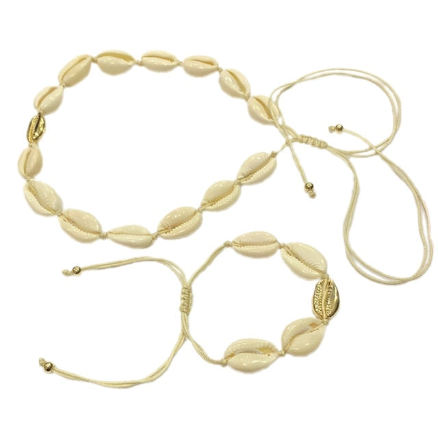 Natural Shell gold cowrie necklace bracelet set