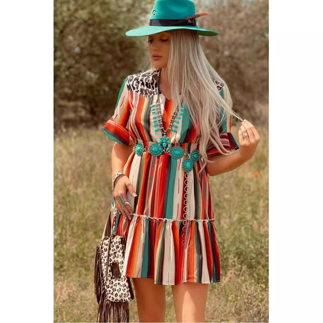 Bohemian Colorful Striped Pleated Flared Short Sleeve Dress