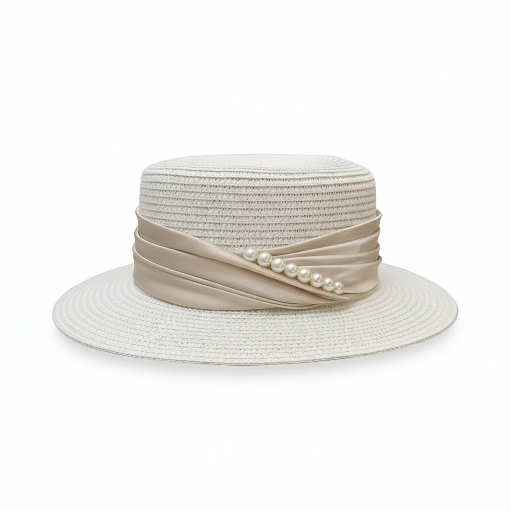 Woven Boater Hat with Pearl Decor