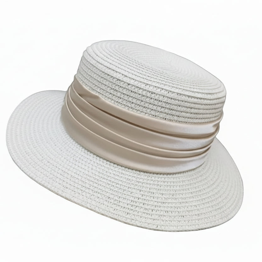 Woven Boater Hat with Pearl Decor