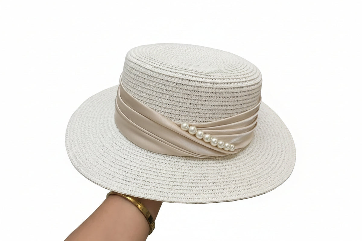 Woven Boater Hat with Pearl Decor