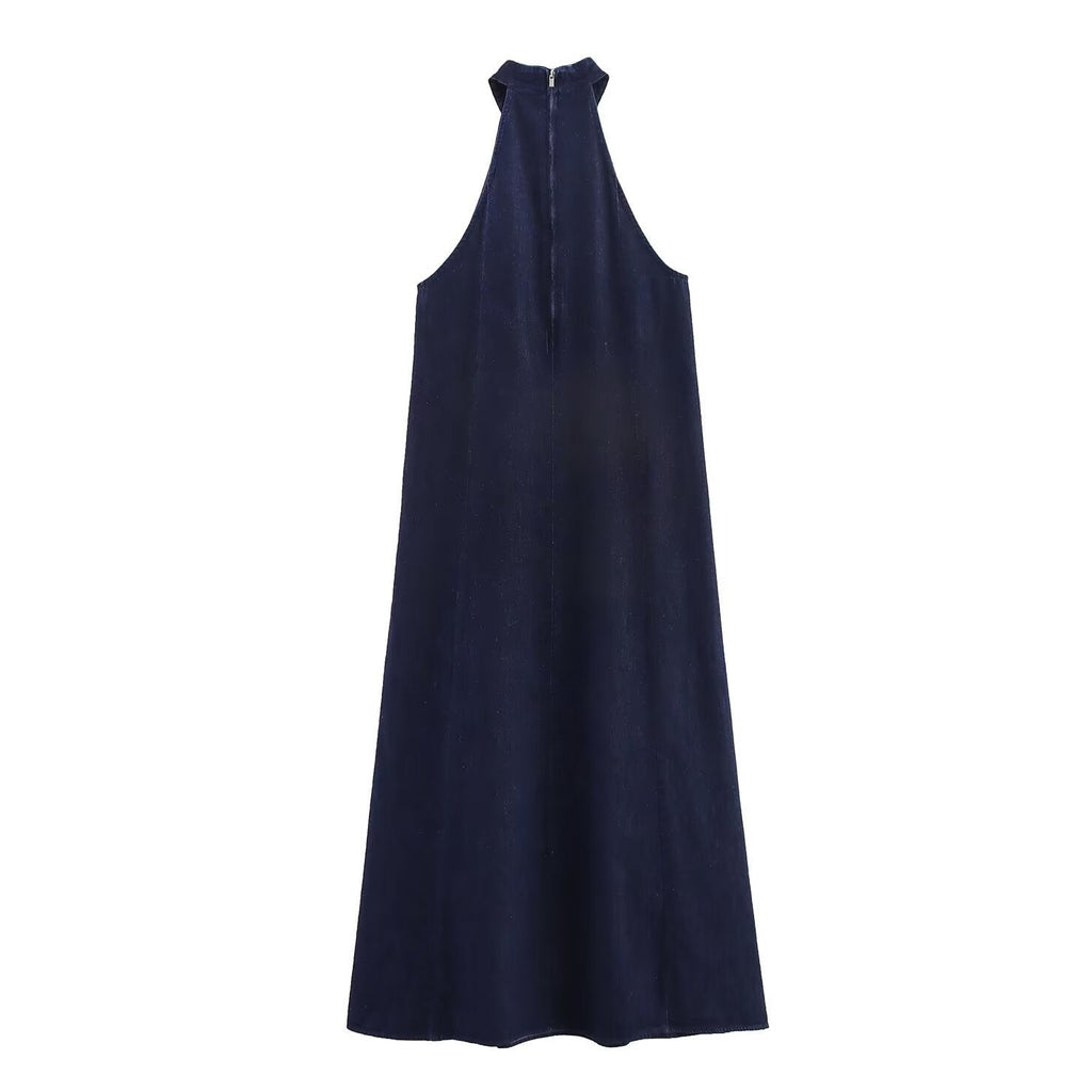 High Neck Denim Midi Dress