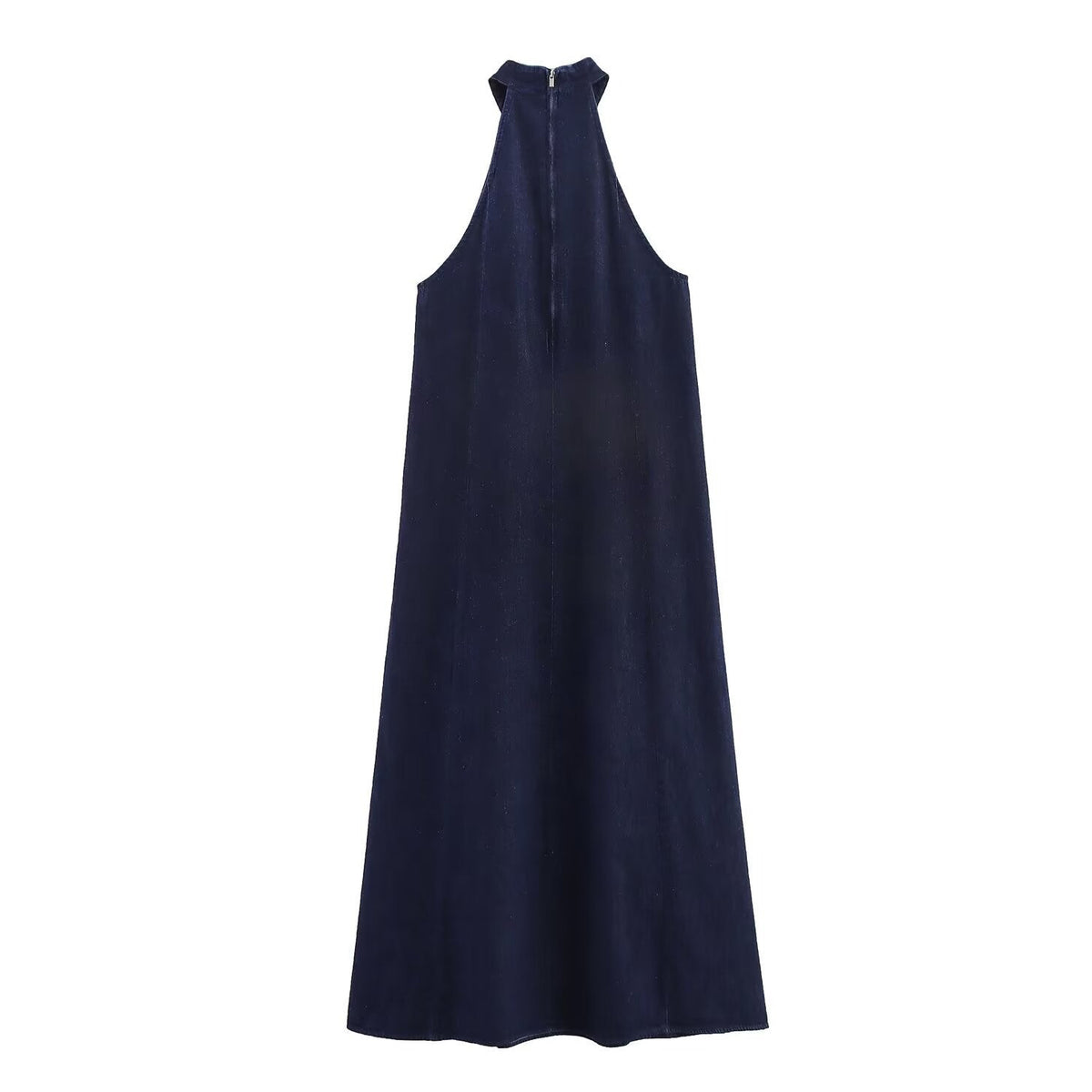 High Neck Denim Midi Dress