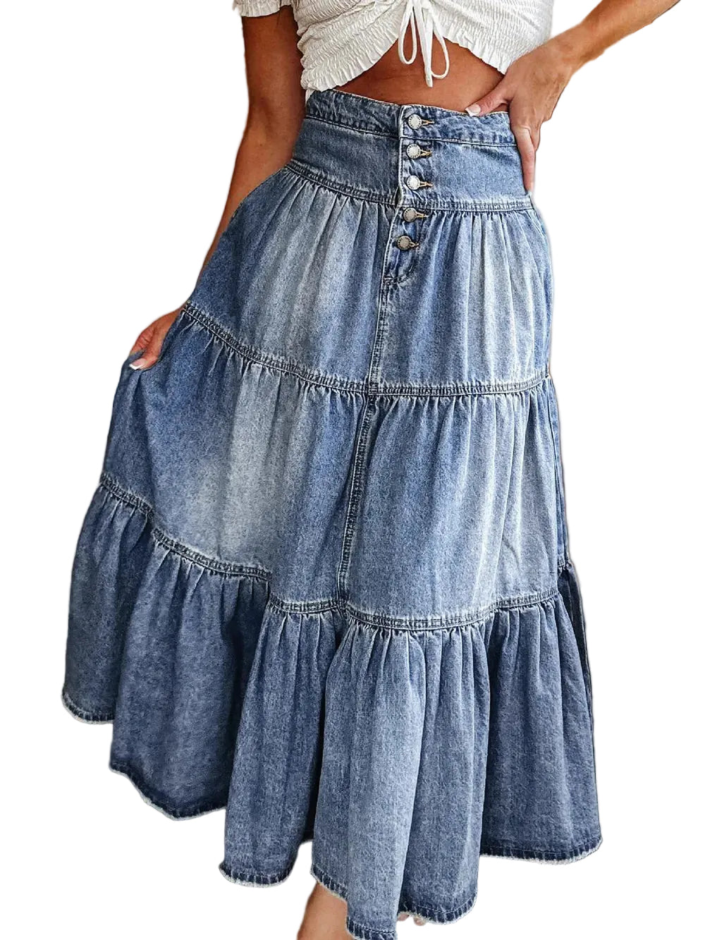 Tiered Button-Fly Denim Skirt