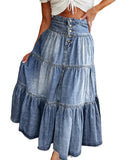 Tiered Button-Fly Denim Skirt