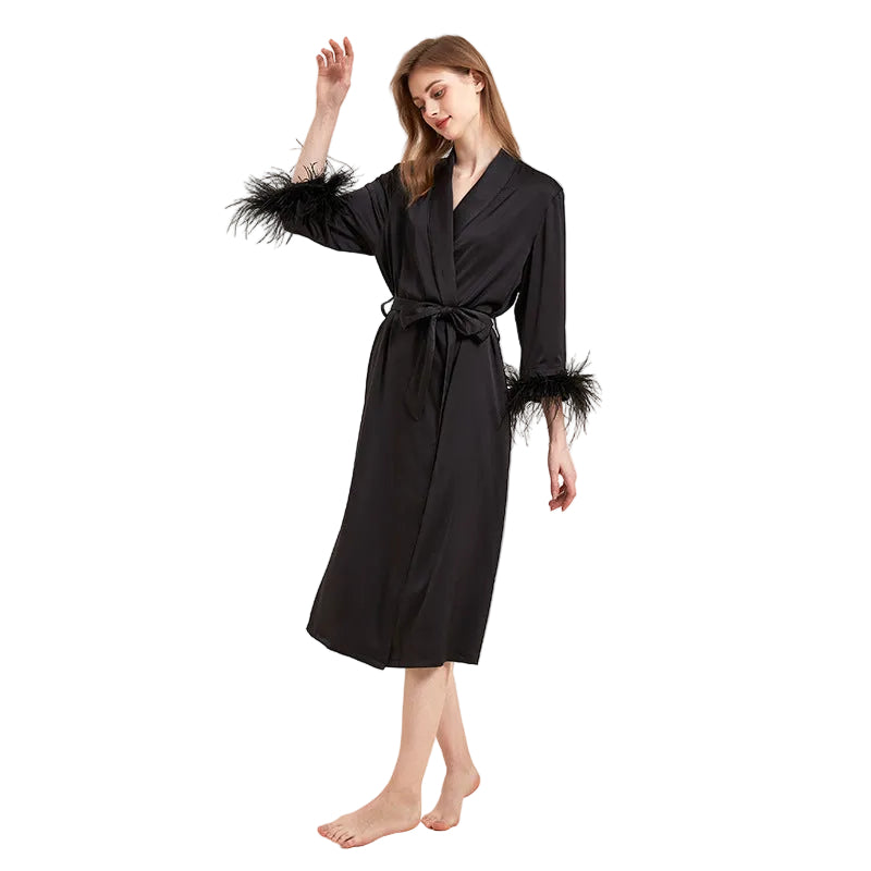 Satin Cuffs Feather Decorated Wedding Gown