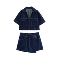 Short Denim Shirt Double Breasted Denim Skirt and Pants Set
