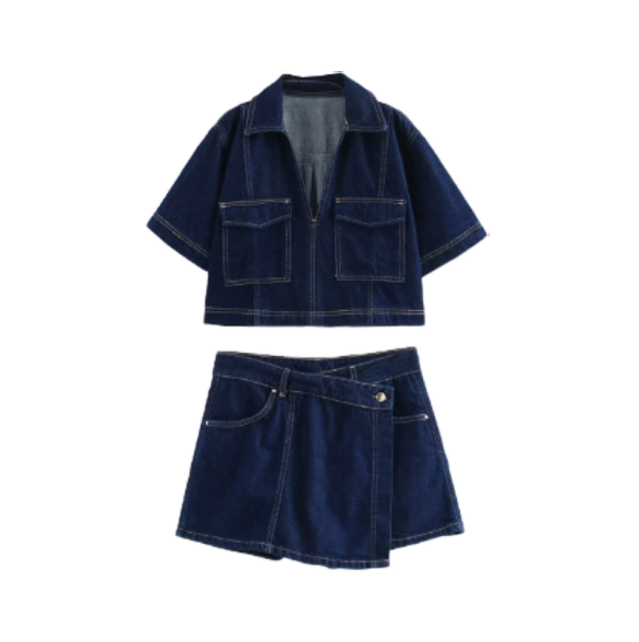 Short Denim Shirt Double Breasted Denim Skirt and Pants Set