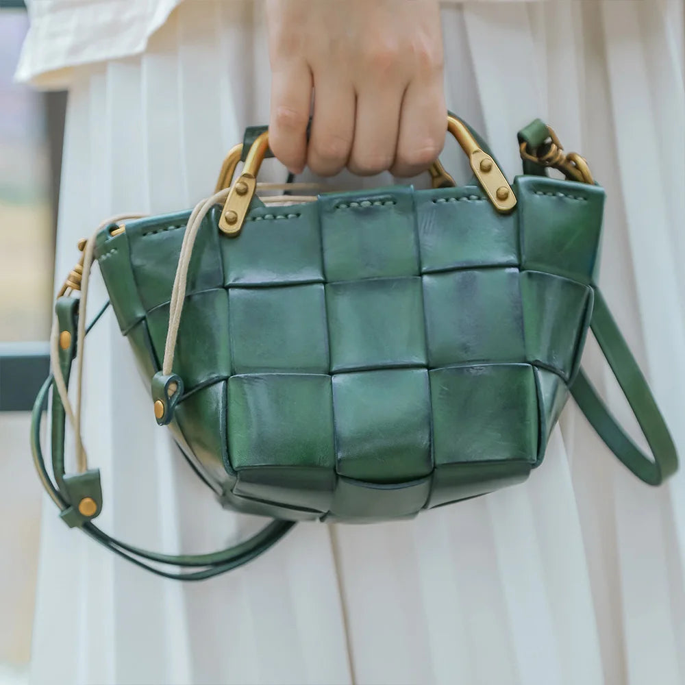 Mini Calf Skin Leather Woven Clutches Basket Bag