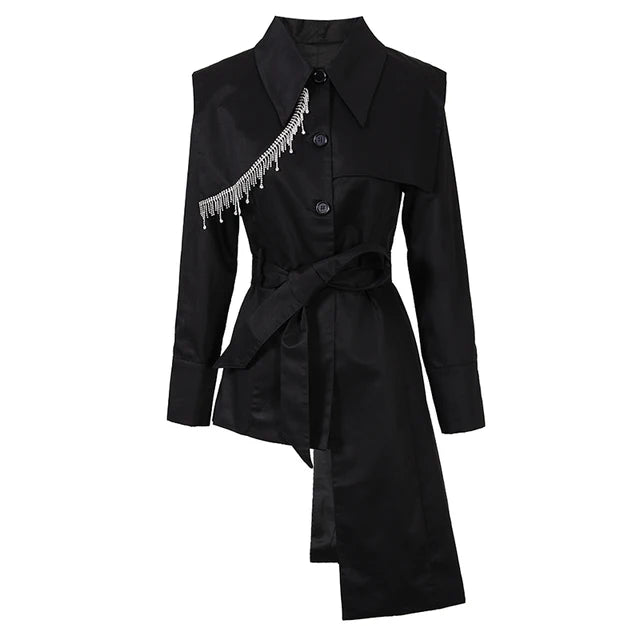 Sash Rhinestone Tassel Irregular Trench Coat