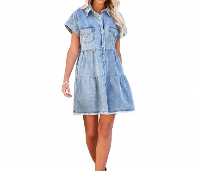 Raw Hem Short Sleeve Denim Dress