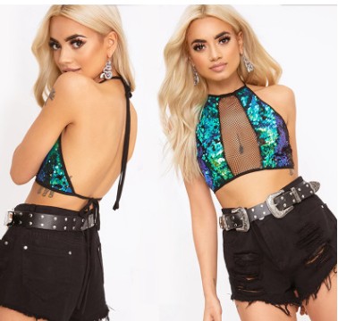 Green Sequin Crop Top