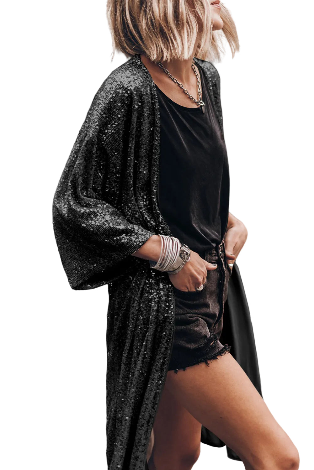 Sequin 3/4 Sleeve Duster Kimono