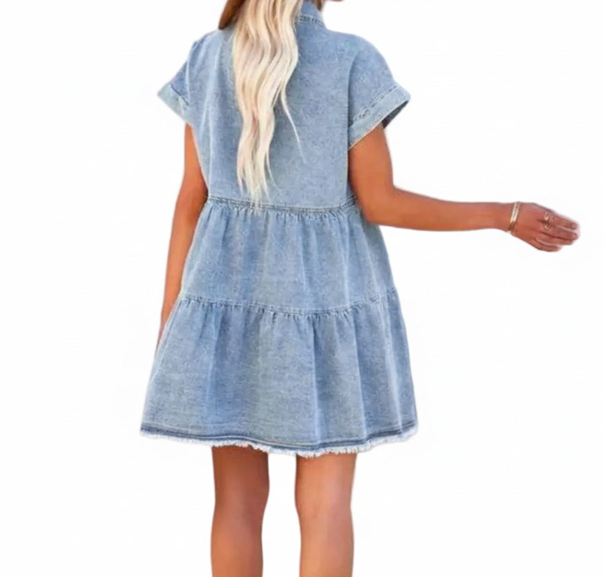 Raw Hem Short Sleeve Denim Dress
