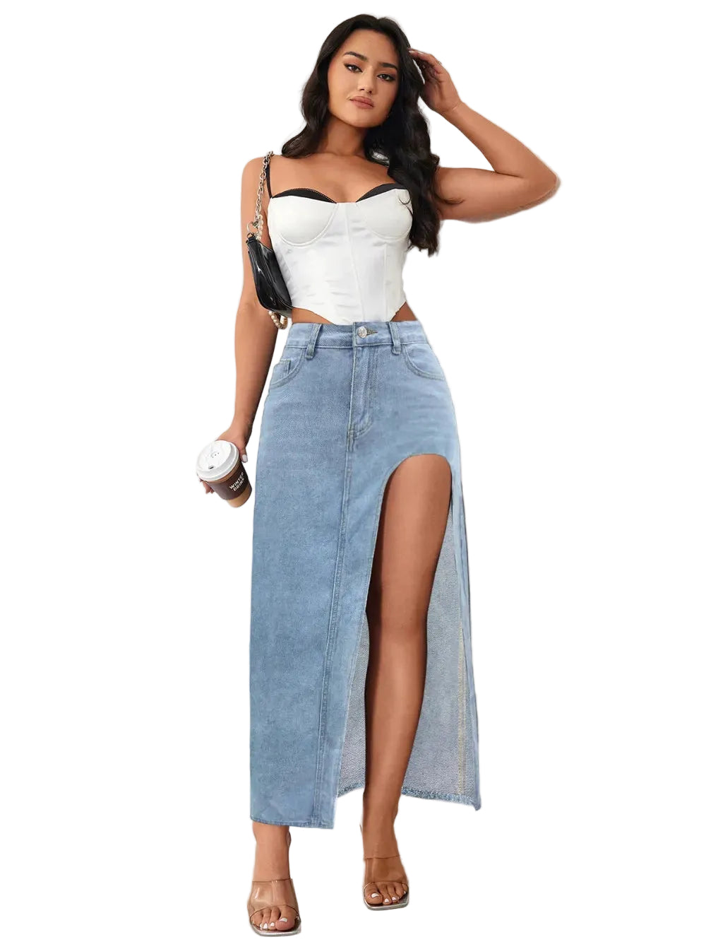 High Rise Slit Denim Skirt