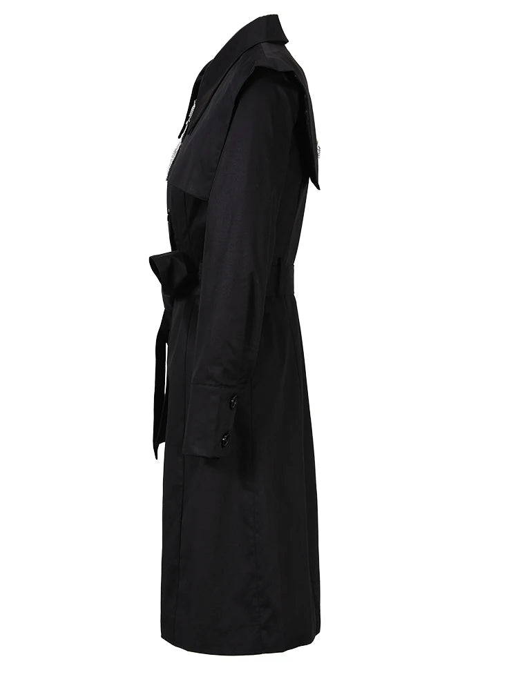 Sash Rhinestone Tassel Irregular Trench Coat