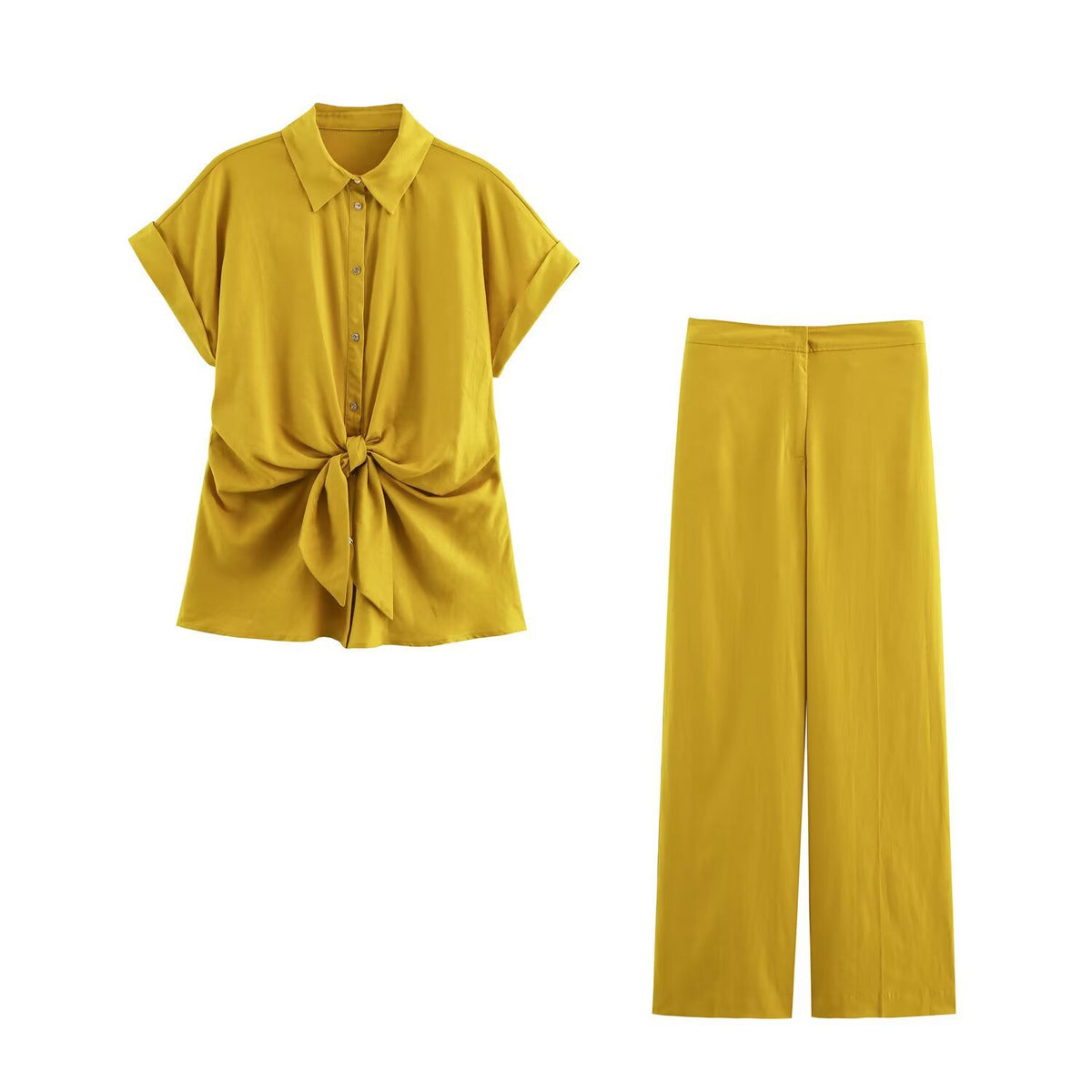 Women's Linen Knot Decorated Shirt + Long Pants