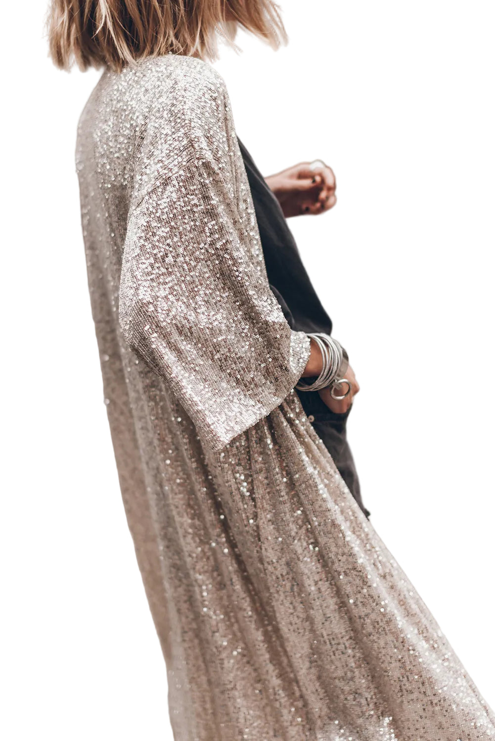 Sequin 3/4 Sleeve Duster Kimono