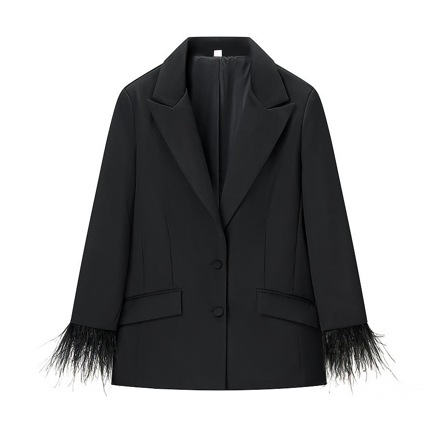 Feather cuff Blaser and High Waisted Pants Set