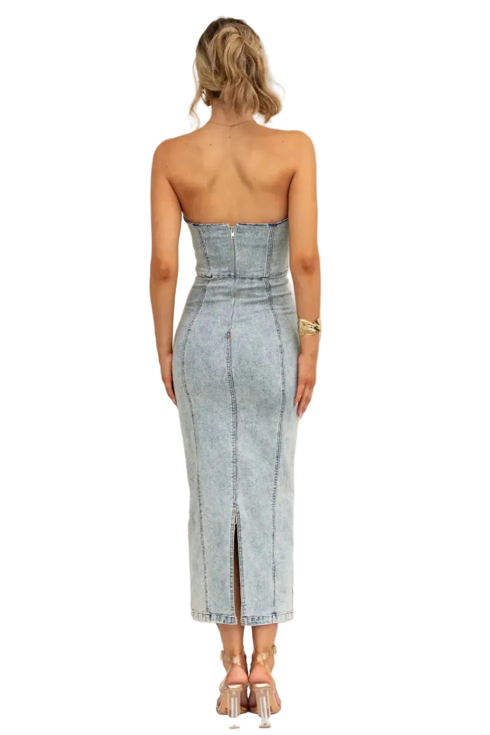Washed Slit Back Tube Denim Dress