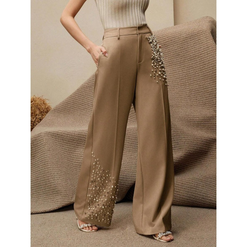 Elegant Pleated Pants For Women With A Fashionable Pearl-Embellished Pocket