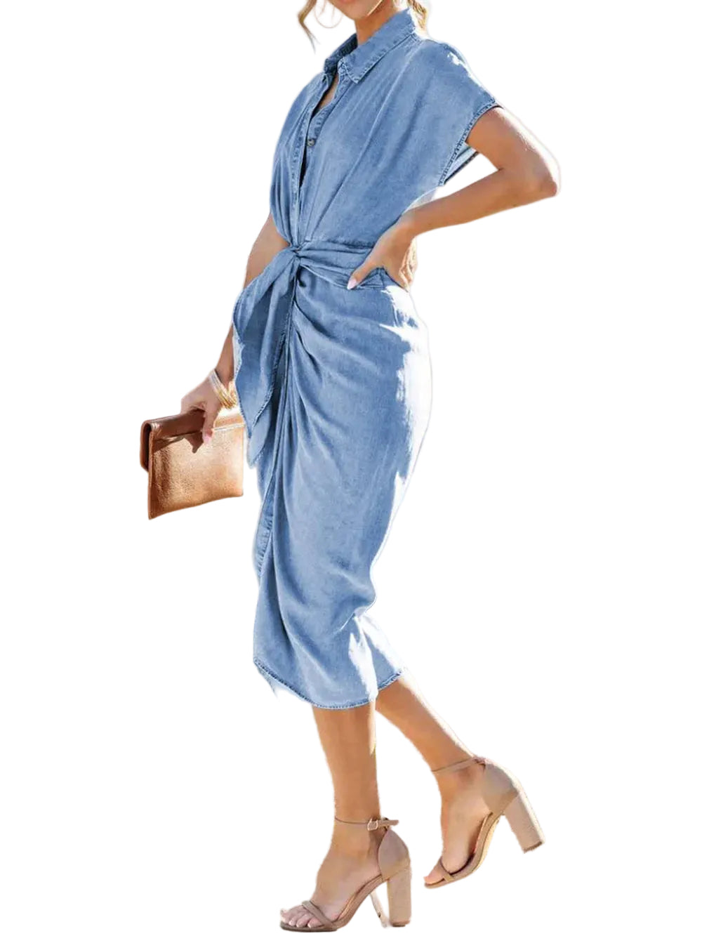 Tied Button Up Short Sleeve Denim Dress