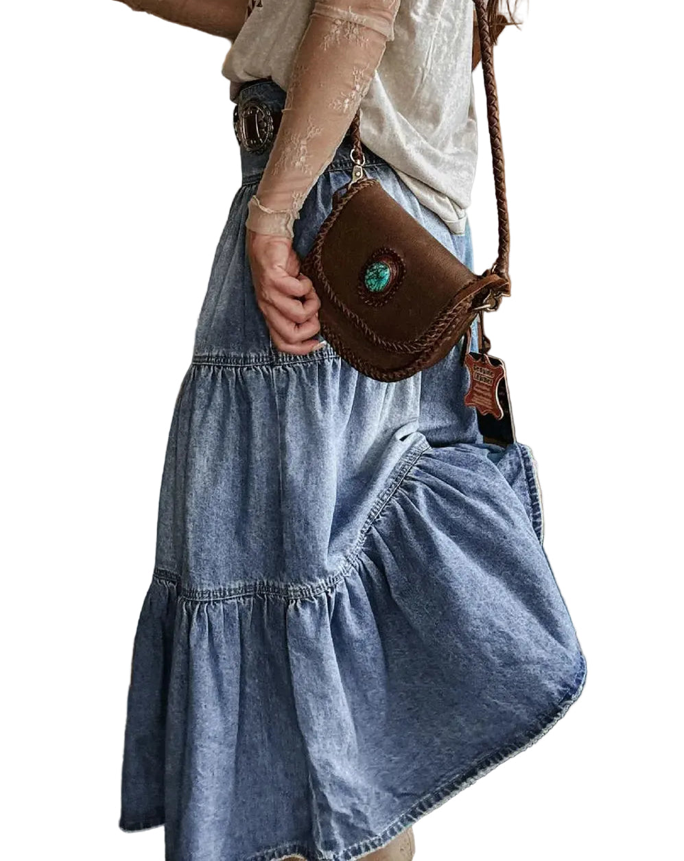 Tiered Button-Fly Denim Skirt