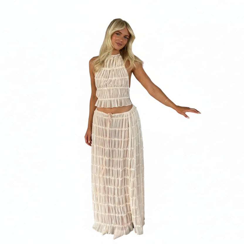 Wrinkle lace lace vest long skirt set
