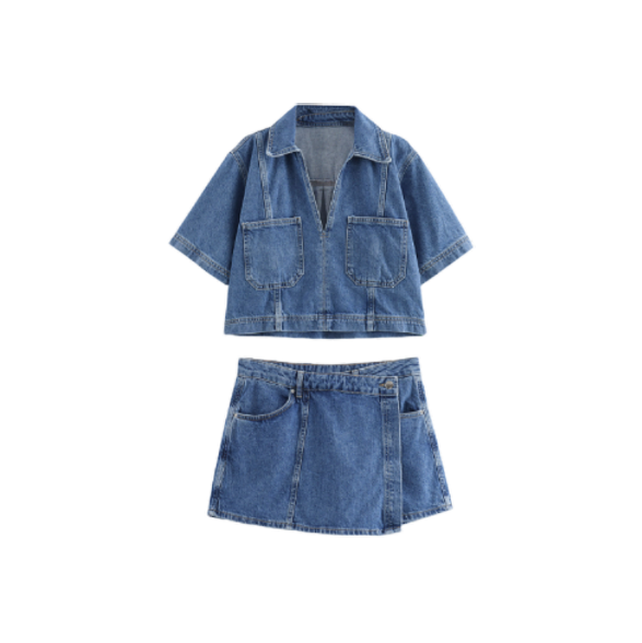 Short Denim Shirt Double Breasted Denim Skirt and Pants Set