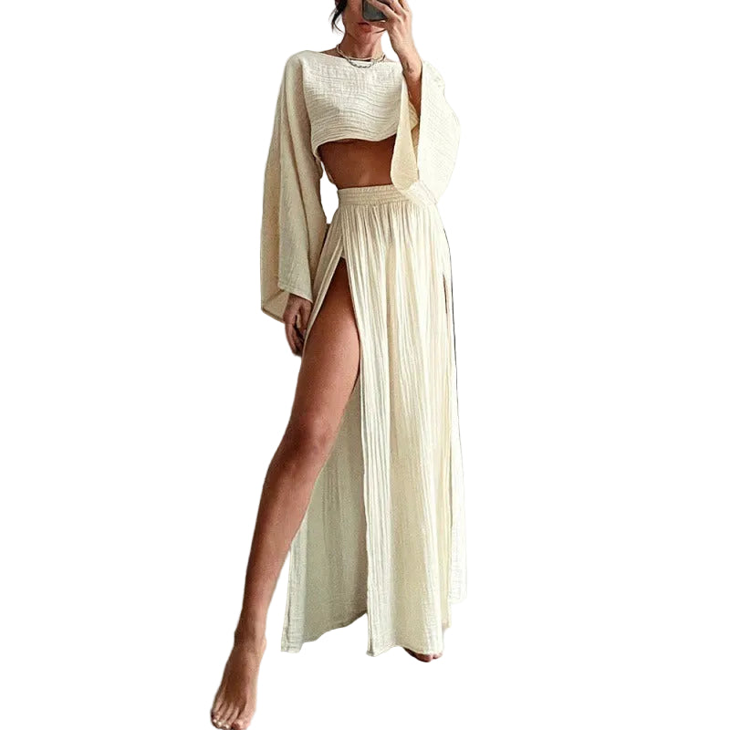 Crop Top High Waisted Slit Two-Piece Set