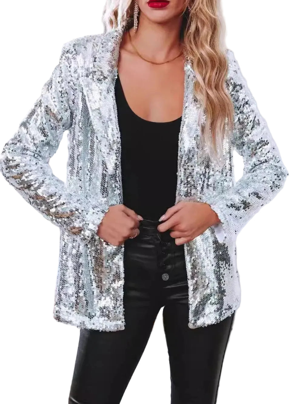 Sequin Lapel Collar Long Sleeve Blazer