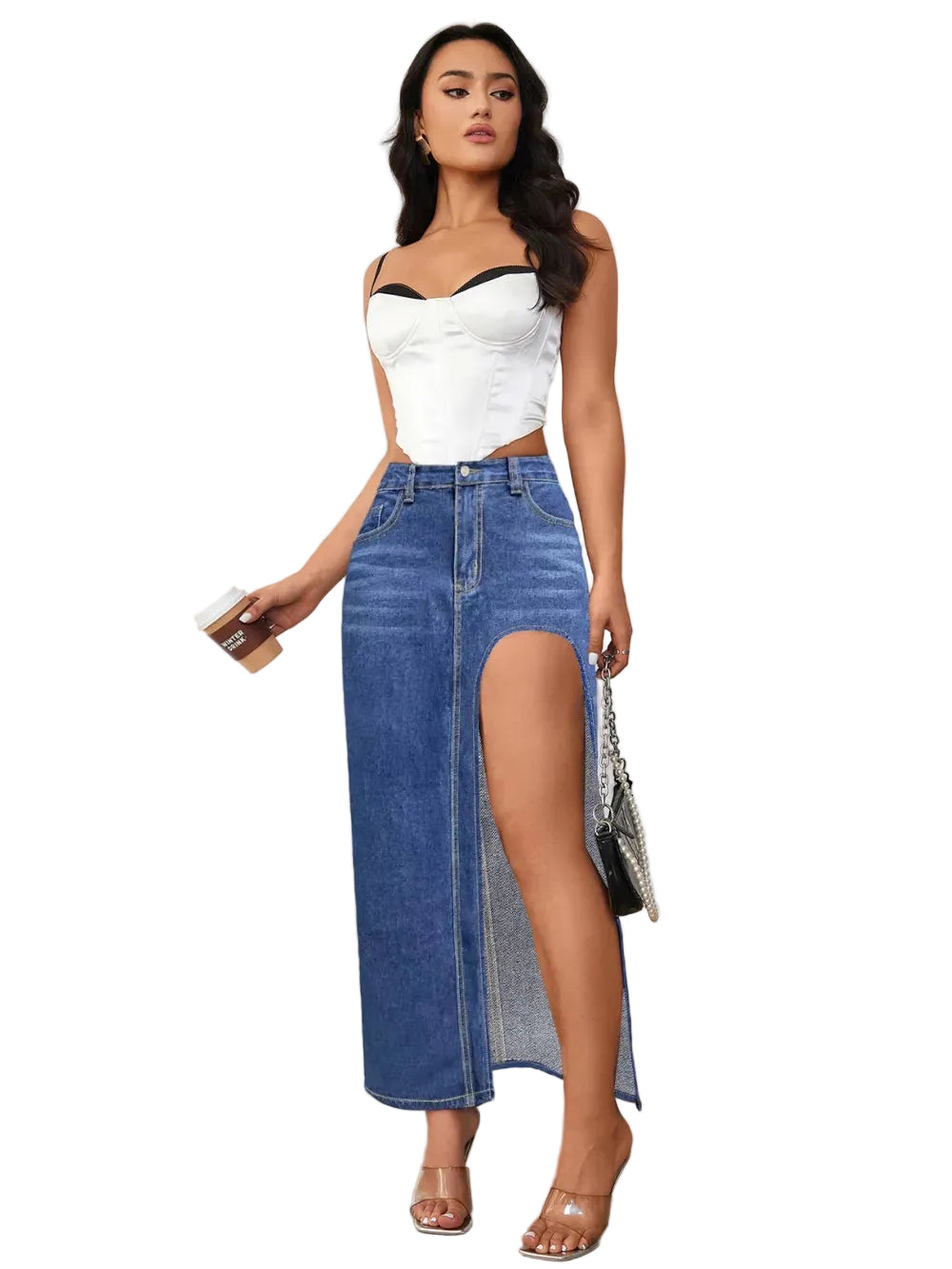 High Rise Slit Denim Skirt