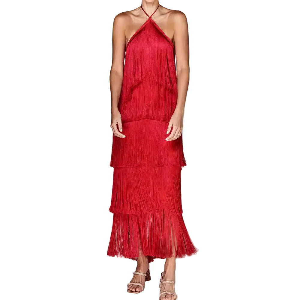 Halter Tassel Backless Slit in Dress