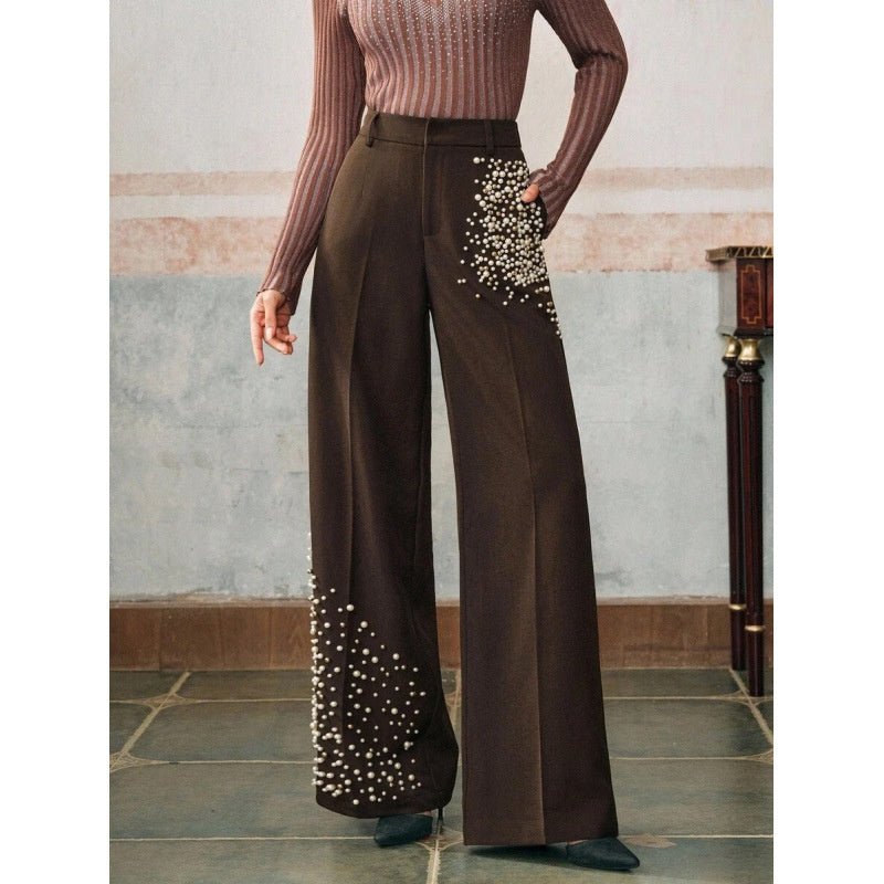 Elegant Pleated Pants For Women With A Fashionable Pearl-Embellished Pocket