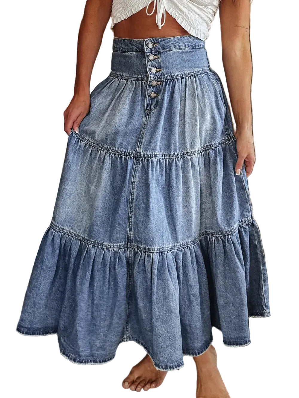 Tiered Button-Fly Denim Skirt