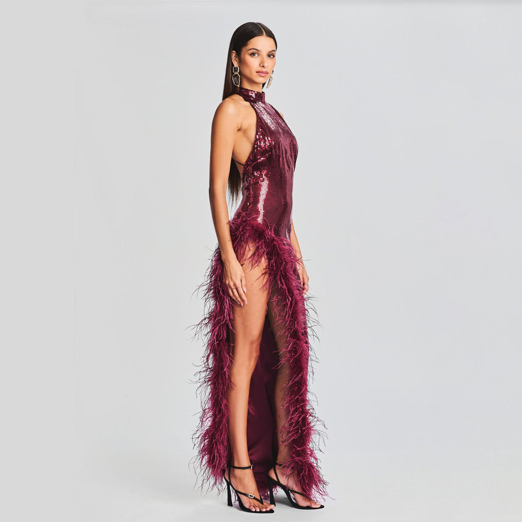 Feather Wine Red Sequined Halter Dress