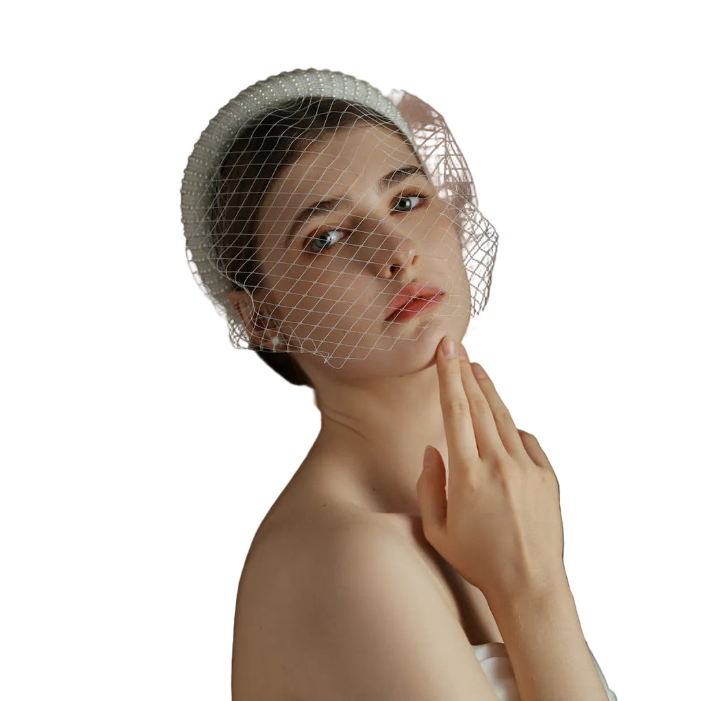 White Vintage Beaded Large Meshed Net Mesh Headband