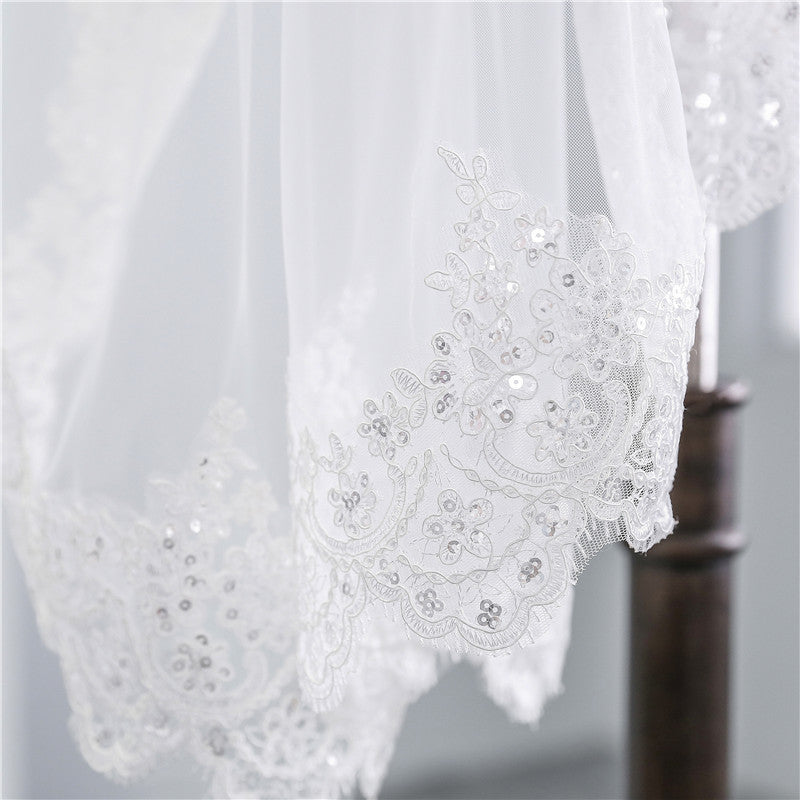 Sequined Lace White Short Veil
