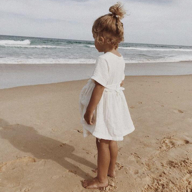 Kids' Skirt Style Cotton And Linen Lace-up Slim Dress