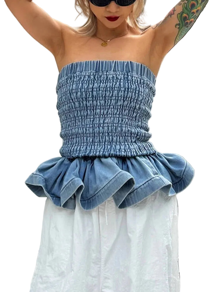 Ruffled Denim Boob Tube