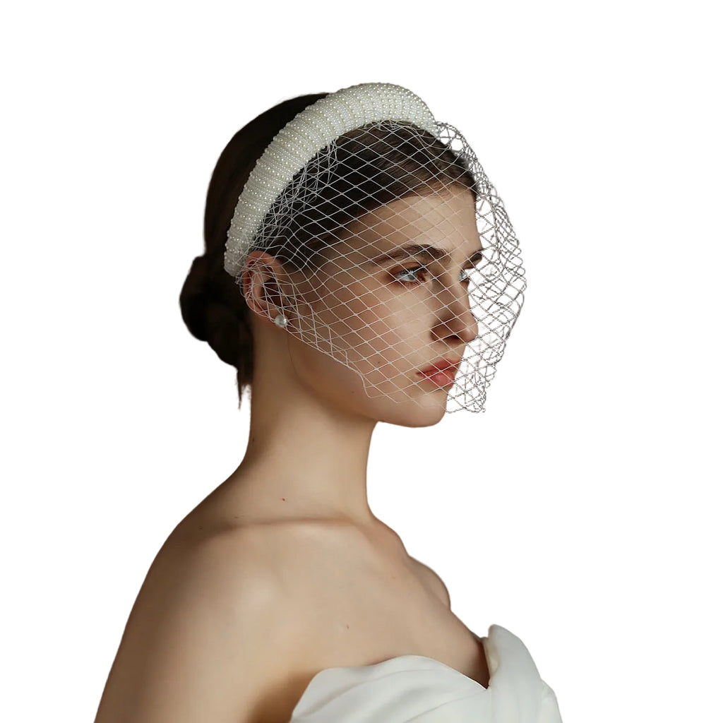 White Vintage Beaded Large Meshed Net Mesh Headband