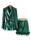 Feather Spliced Sequin Blazer and Mini Skirt