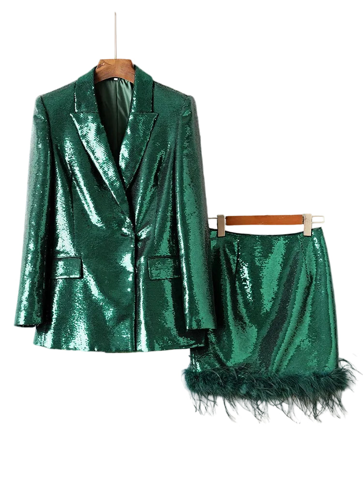 Feather Spliced Sequin Blazer and Mini Skirt