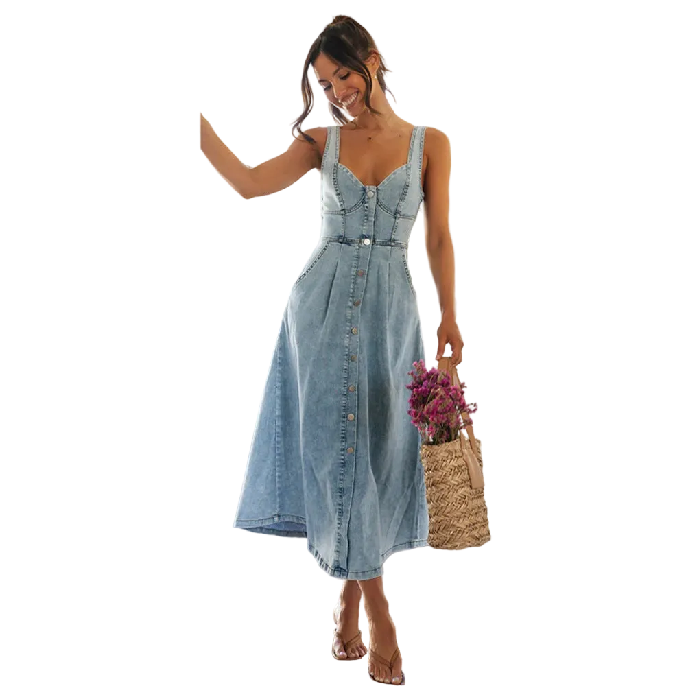 Lightwash Denim Button Midi Sundress