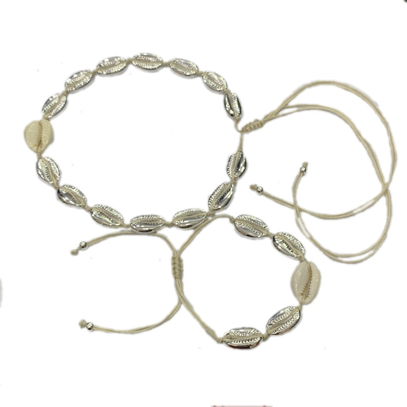 Natural Shell gold cowrie necklace bracelet set