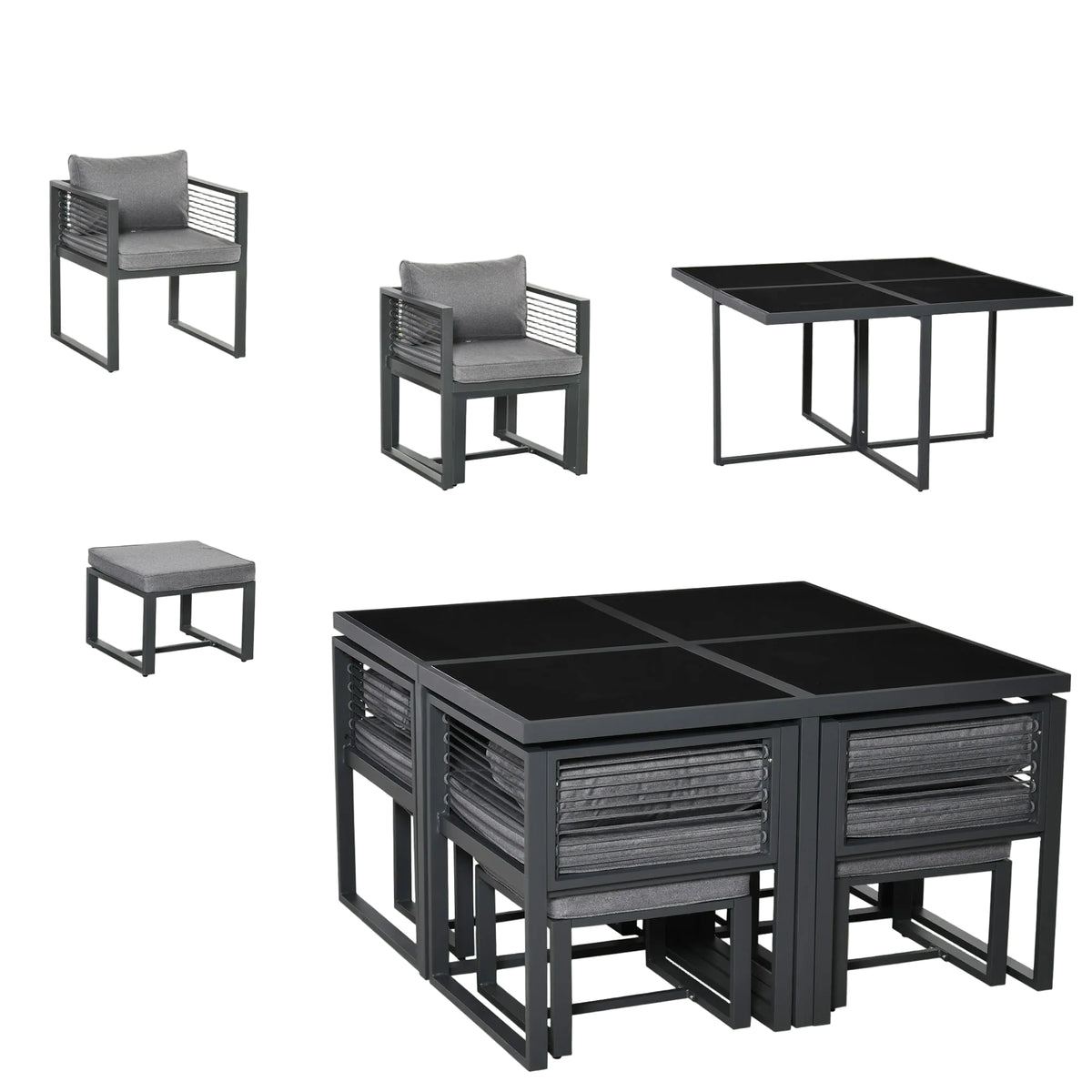 Nine-Piece Garden Set, With Glass-Top Table - Grey