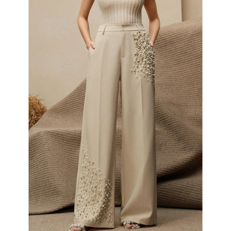 Elegant Pleated Pants For Women With A Fashionable Pearl-Embellished Pocket
