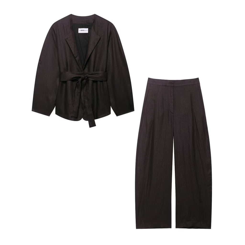 Women's Linen Waist Belt Kimono-style Outerwear + Linen Balloon Pants